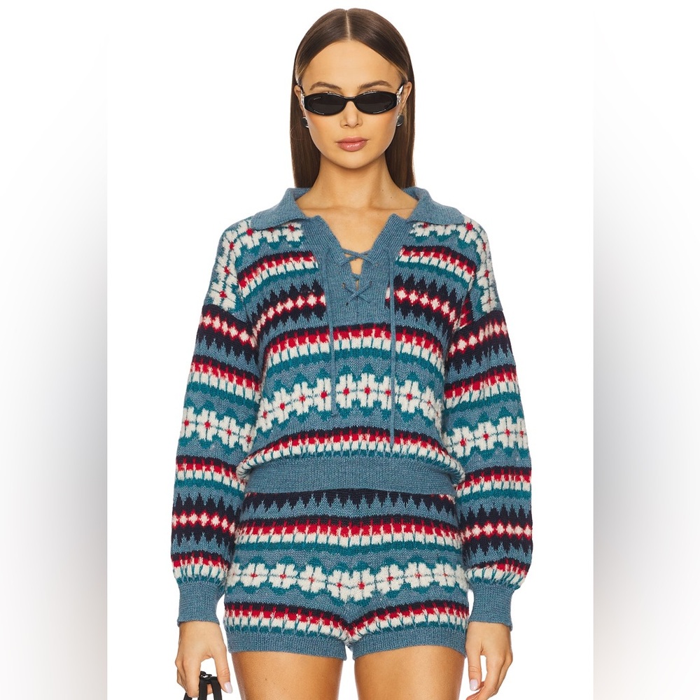 MOTHER The Lace‎ Up Pull Over Jumper Blue Red Patterned V-Neck Sweater Medium